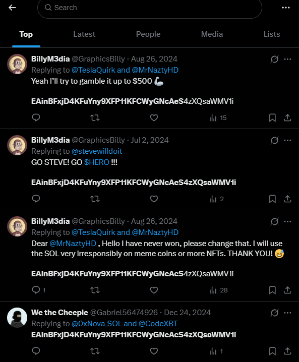 CryptoFlan evidence image showing Cheeple posting BILL-E wallet